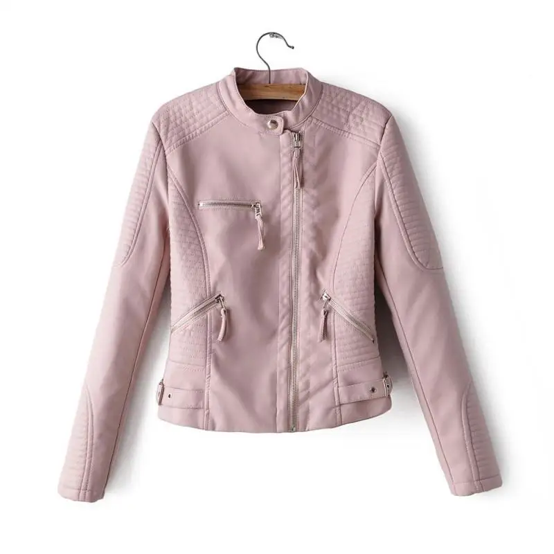 

2019 Autumn Winter New Womens Slim Skinny Round Neck Zipper Pu Leather Jacket Punk Style Females Short Leather Coats Gothic