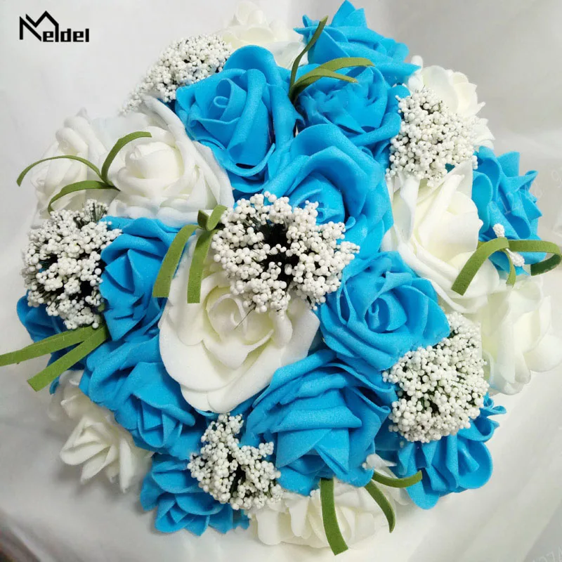 Blue Meldel Artificial Roses Pink Wedding Flower Bridal Bouquet Fake Flower Wedding Bouquet Bridal Bouquets Holder Mariage Home Decor - Цвет: Blue