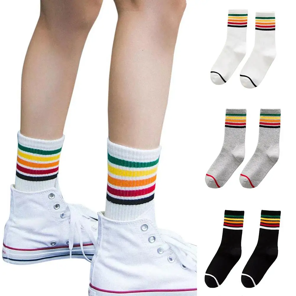 

Fashion Cotton Rainbow Striped Print Unisex Socks Elastic Sport Middle Tube Crew Socks Harajuku Tube Socks