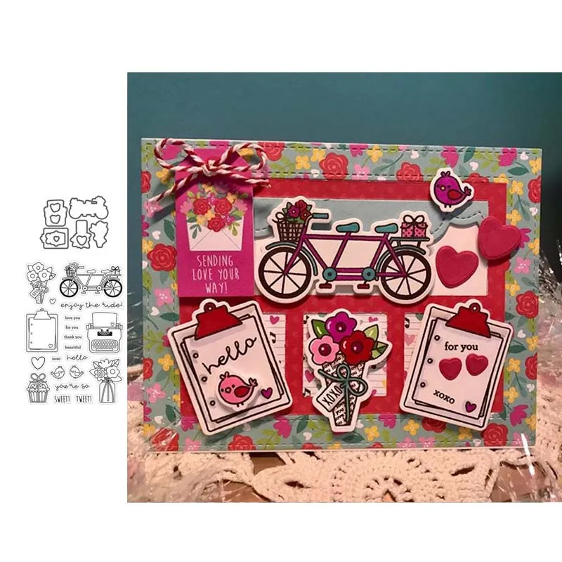 

Bicycle Flower Vase Typewriter Metal Cutting Dies and Stamps for Scrapbooking Craft Stencil Card Make Album Sheet Model Template