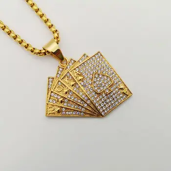 

Full White rhinestones Poker Royal Flush pendant necklace Gold color stainless steel straight flush Gambling necklace BLKN0801