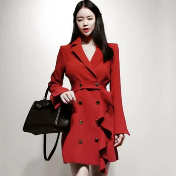 

Autumn Notched Double Breasted Slim Ruffles Pencil Office Cloth Outerwear High Waist Red Women OL Blazer Coat