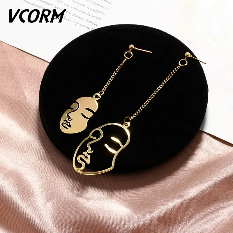 VCORM New Vintage Gold Long Drop Earrings for Women 2021 Statement Abstract Hollow Fashion Metal Face Dangle Jewelry... | Украшения и