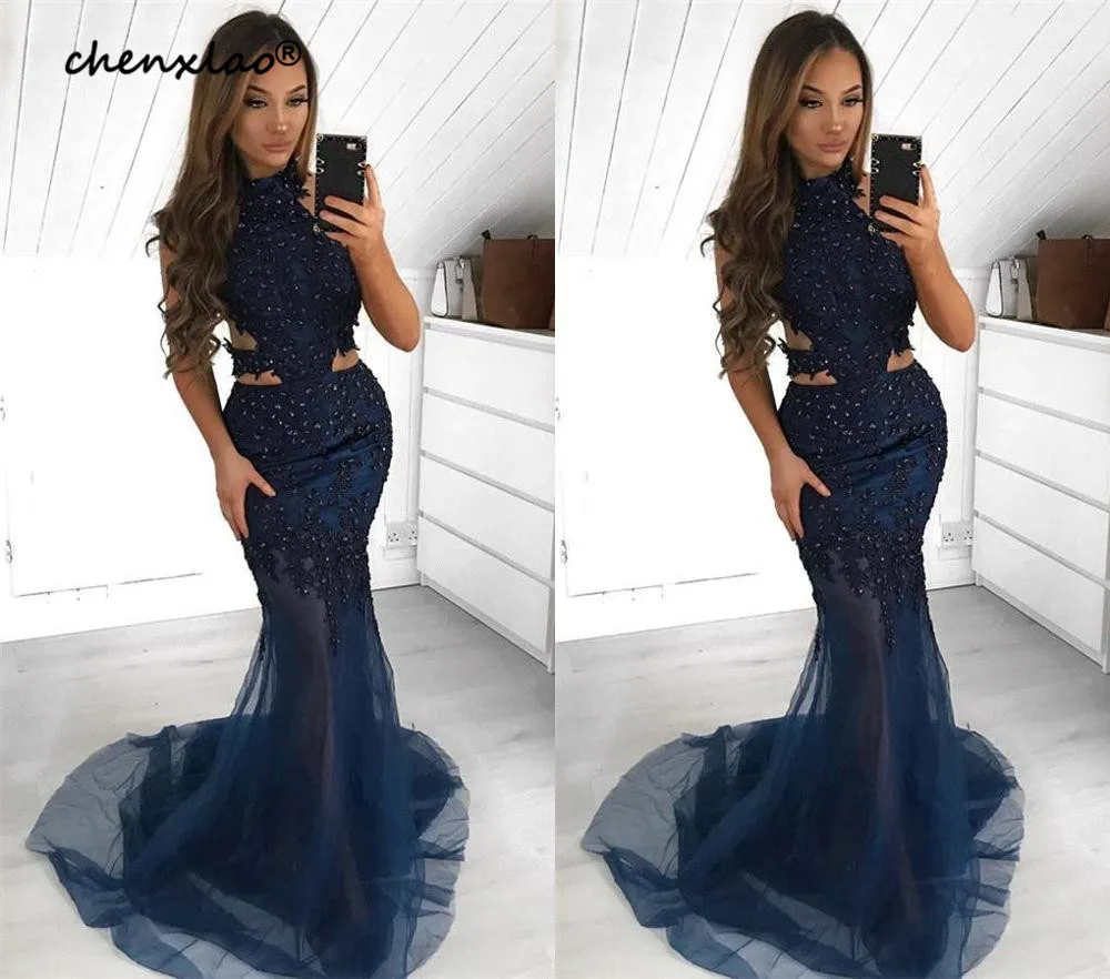 Vestido Noche Elegante ярко-синий тюль вечернее платье-Русалка Холтер свадебное длинное вечернее платье плюс размер женское вечернее платье