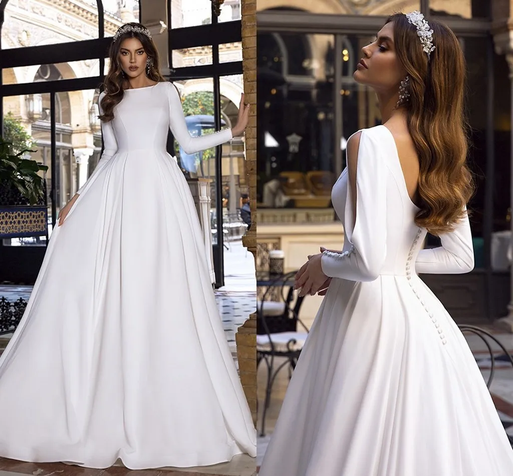 

Атласное свадебное платье принцессы, элегантное платье невесты с длинным рукавом и открытой спиной, на пуговицах, мусульманская одежда для невесты, 2021