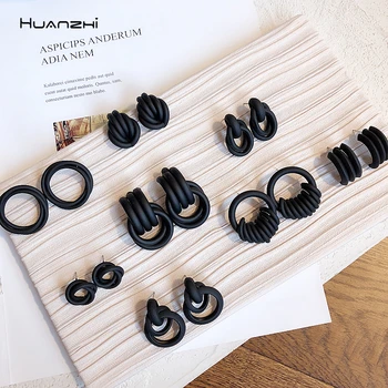 

HZ 2019 New Korean Vintage Geometric Black Hollow Round Love Heart Star Flower Simple Stud Earrings for Women Girls Party