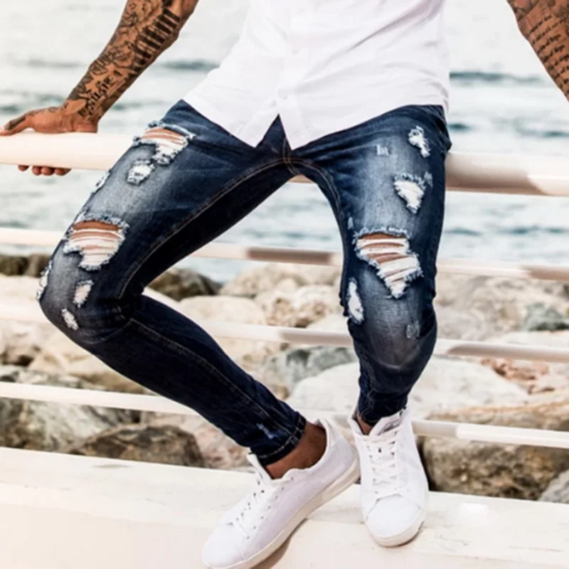 2019 Fashion Men Scratched Jeans Pants 