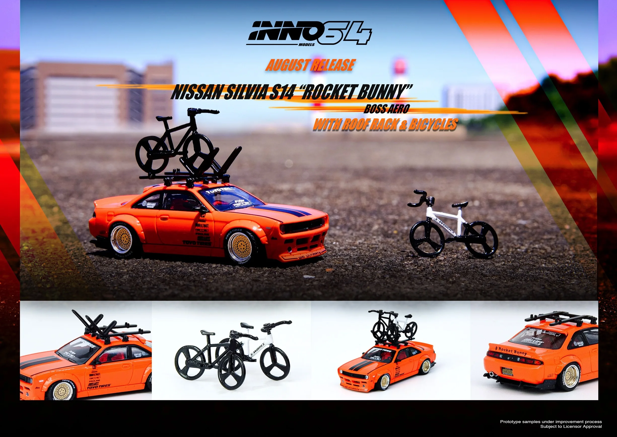 INNO 1:64 NISSAN SILVIA S14 Rocket Bunny Boss Aero с моделями Автомобилей RoofRack и велосипедов | Игрушки