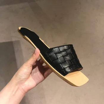 

Weave Slippers Brand Design Square Toe Shoes Woman Slip On Retro Sandals Woman Flat Heel Outdoor Shoes Women Leisure Ladies Shoe