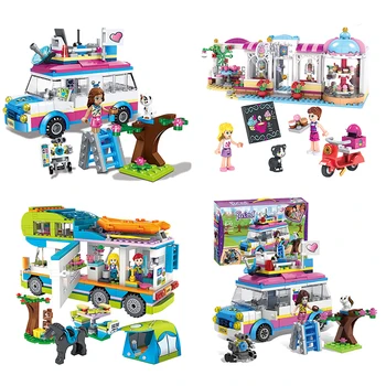 

lepining Friends City Series Heart Lake City Girls Club Street Building Blocks Pink Cake Cafe Blue Camper Toys