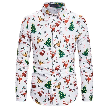 

Helisopus Long Sleeve Shirt Men Autumn Fashion Daily Casual Slim Fit Shirts Christmas Tree Print Shirt Turn Down Collar Tops