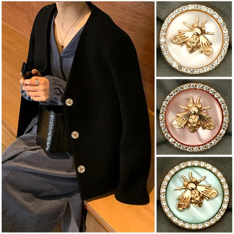 New Arrival 6PC Antique Rhinestone Decor Metal Gold Bee Pink Blue Pearl Buttons For Clothes Coat Cardigan Sweater Sew Needlework | Дом и сад