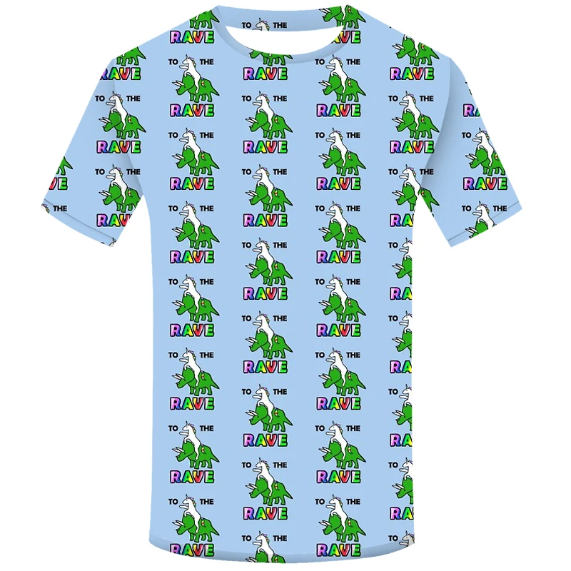 To The Rave Unicorn Riding Triceratops T-shirt Men Summer Fashion Tshirt Streetwear 3D Print Funny Casual Tee Shirt Homme | Мужская