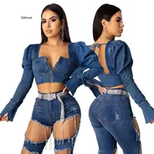 Sexy Short Denim Coat Clubwear Long Sleeve Zip Up Backless Lace Up Streetwear Jeans Coats And Jackets Women Outwear Ladies