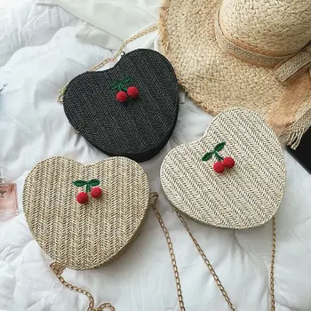 

Fashion heart-shaped straw bag women's summer beach bag handmade woven rattan shoulder bag chain Messenger bag