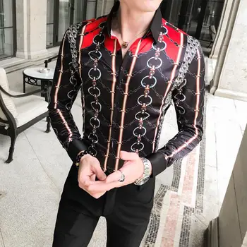 

Long sleeve New model Shirts Dress Stage Blouse Men's clothing Casual Shirt for Men Chain pattern Slim