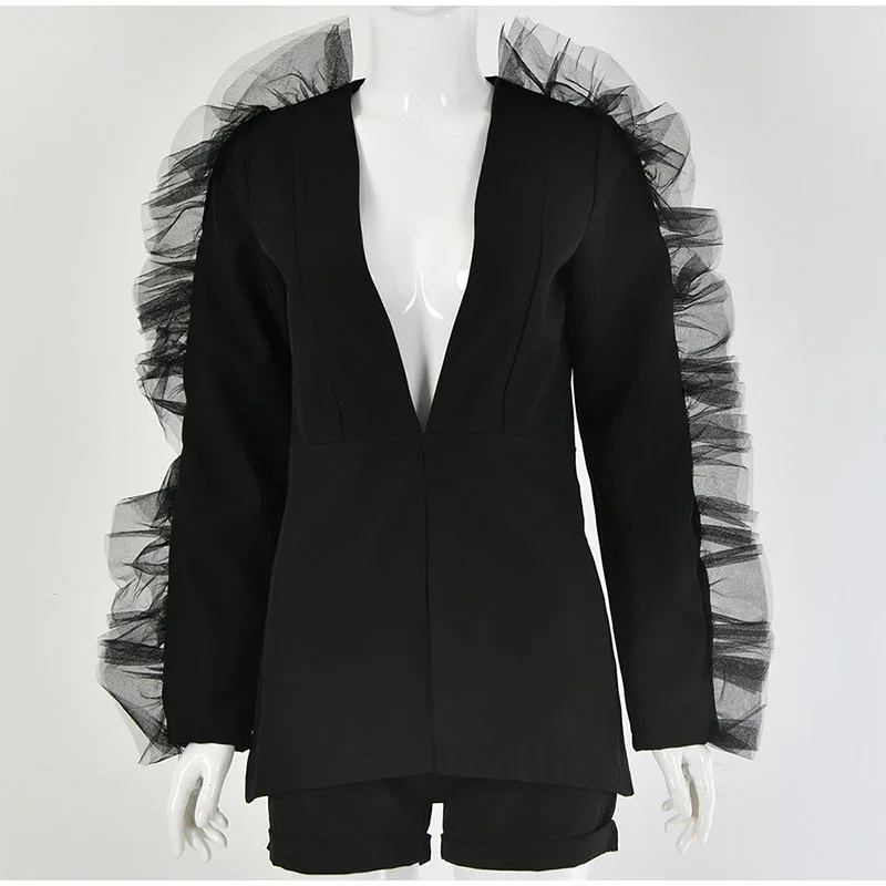 SRDP Unique Lace Feathers Mesh Sexy Blazer Coat Women Night Club Party Ruffle Blazer Suits Festival Fashion High Street Clothing