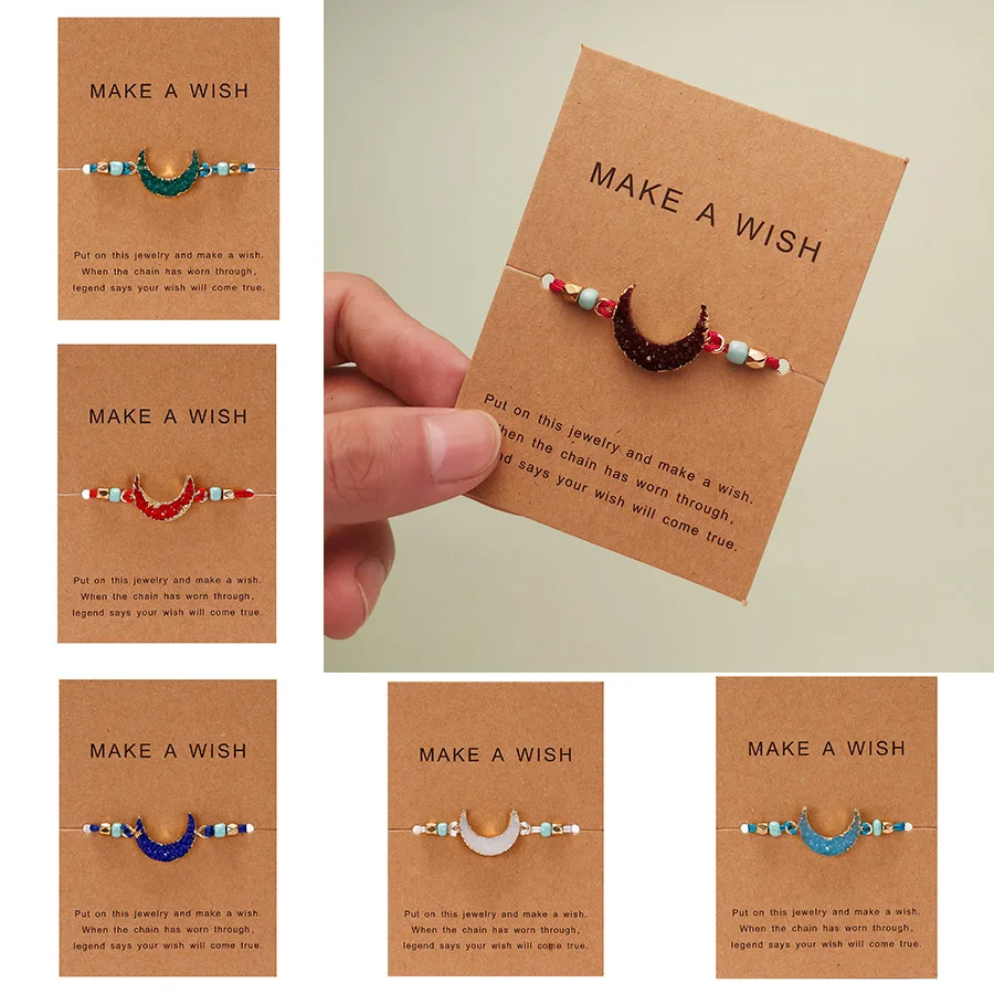 

Bohemian Imitation Natural Stone Resin Crescent Moon Hand-woven With Paper Card Bracelet for Women Rope Chain Bracelet Jewelry