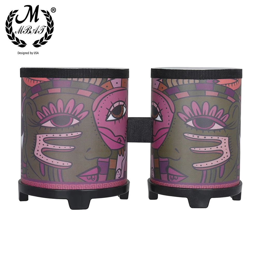M MBAT Waterproof Siamese Bongo Drum Indian Applique Pattern African Traditional Pigskin Drum Skin Percussion Instrument