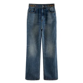 

WOMENGAGA 2020 New Jeans Metal Chain High Waist Washed Button Straight Loose Casual Pleated Streetwear Girl Female Long A467