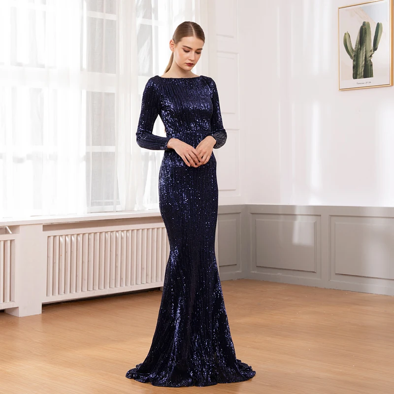 2019 NIEUWE Navy Blue Lange Mouwen Elastische Lovertjes Maxi Jurk Floor Lengte O Hals Volledige Voering Terug Zipper Party Lange party Dress