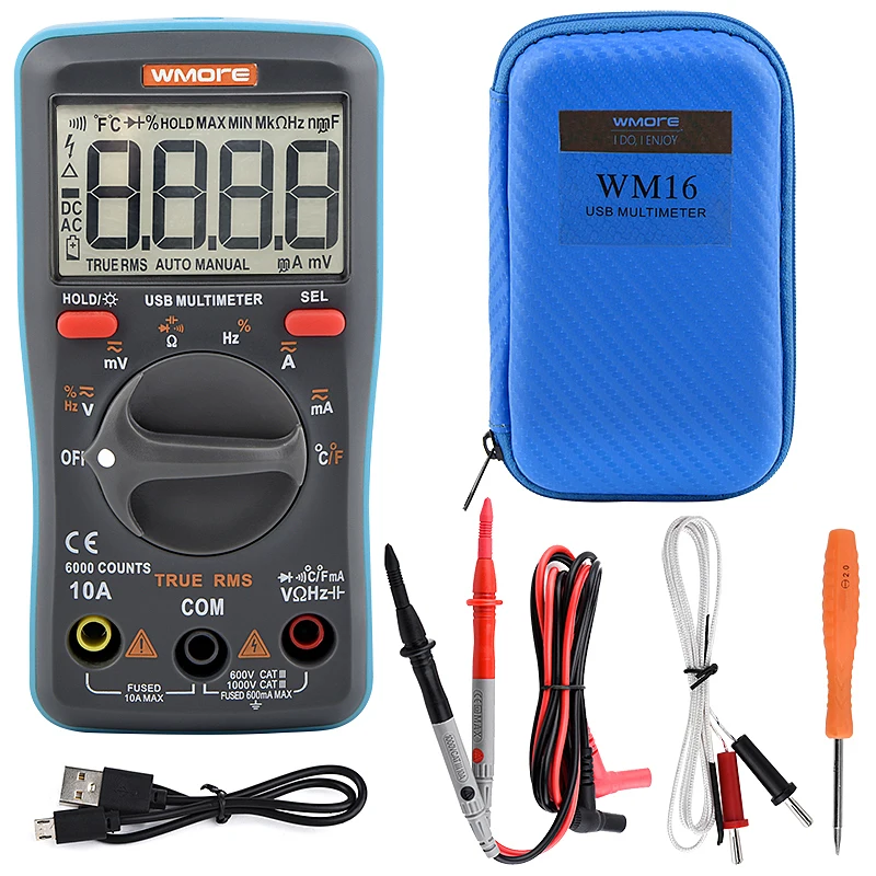

Wmore USB Charge Digital Multimeter for Tester 6000 counts Auto Ranging AC/DC voltage meter Flash light Back light Top quality