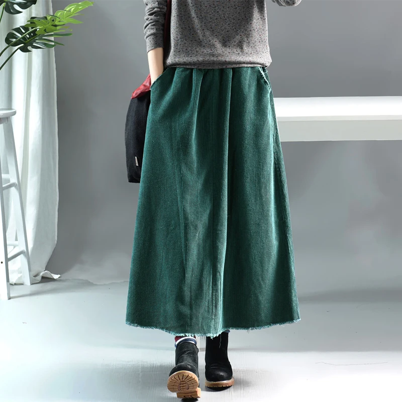 

Autumn Winter Skirt Retro Women Loose Casual Skirt 2019 New Elastic Waist pocket Solid color Mori girl Vintage Female Skirt