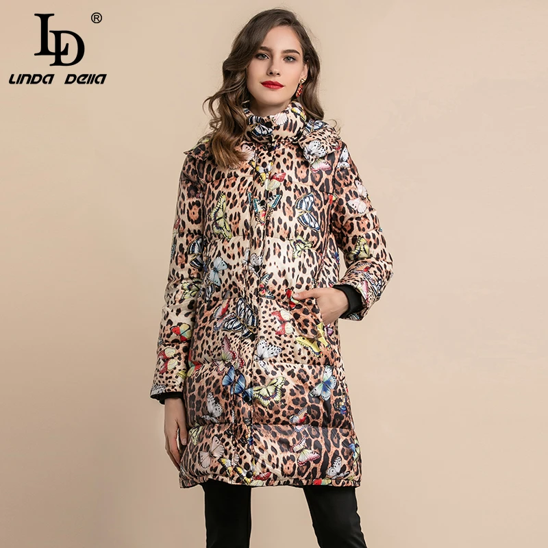 

LD LINDA DELLA Winter Warm Thickened White Duck Down Jacket Vintage Leopard Print Long Women's Coats Hooded Overcoat Outwear