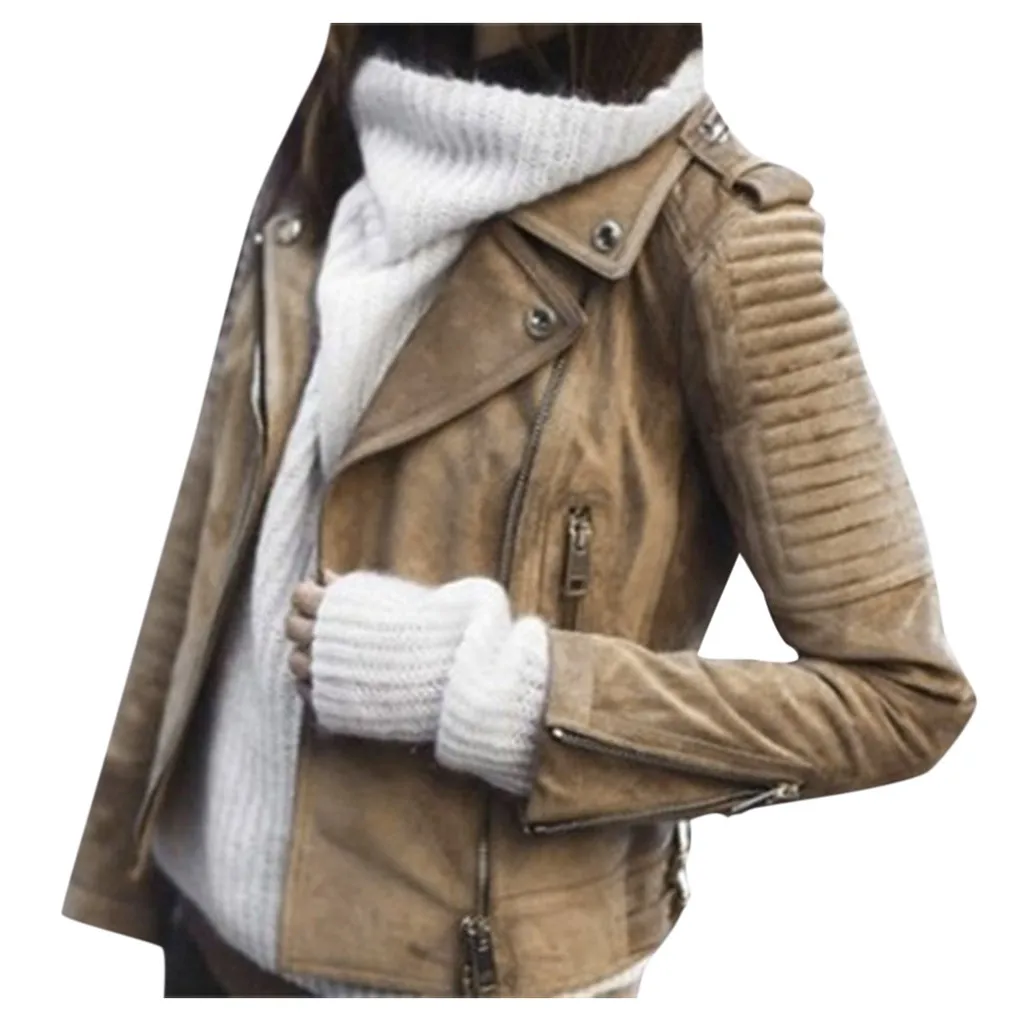Женская куртка на молнии с поясом размера плюс, винтажная, кожаная, на молнии, короткая, простая, мотоциклетная, тонкая, Ретро стиль, кожаная куртка - Цвет: Brown