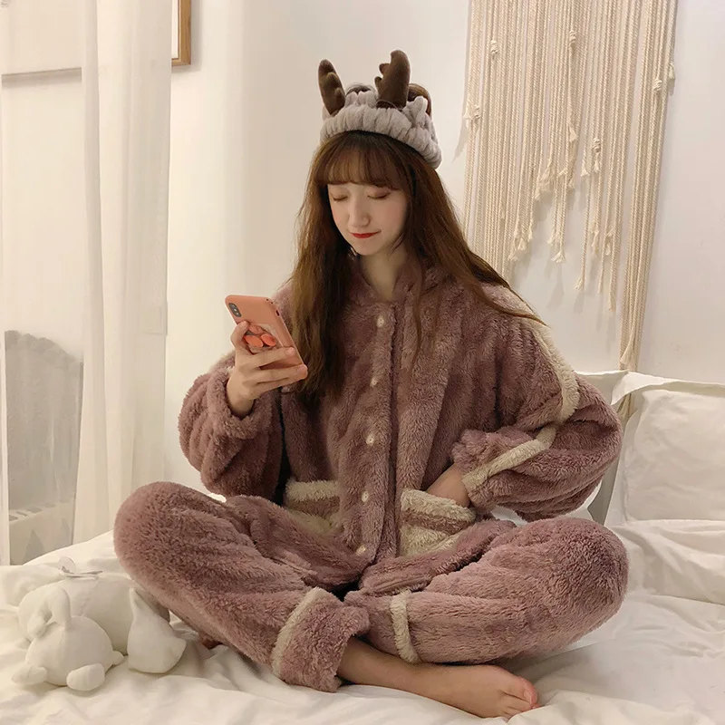 

Online Celebrity Homewear Set Coral Velvet Winter Cute Pajamas Women's Autumn And Winter-Outer Wear Two-Piece Set Students Pajam