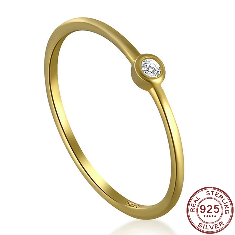 

Trendy 925 Sterling Silver Stackable Rings for Women Round Single Zircon Simple Thin Ring Gold Color Wedding Fine Jewelry Gifts