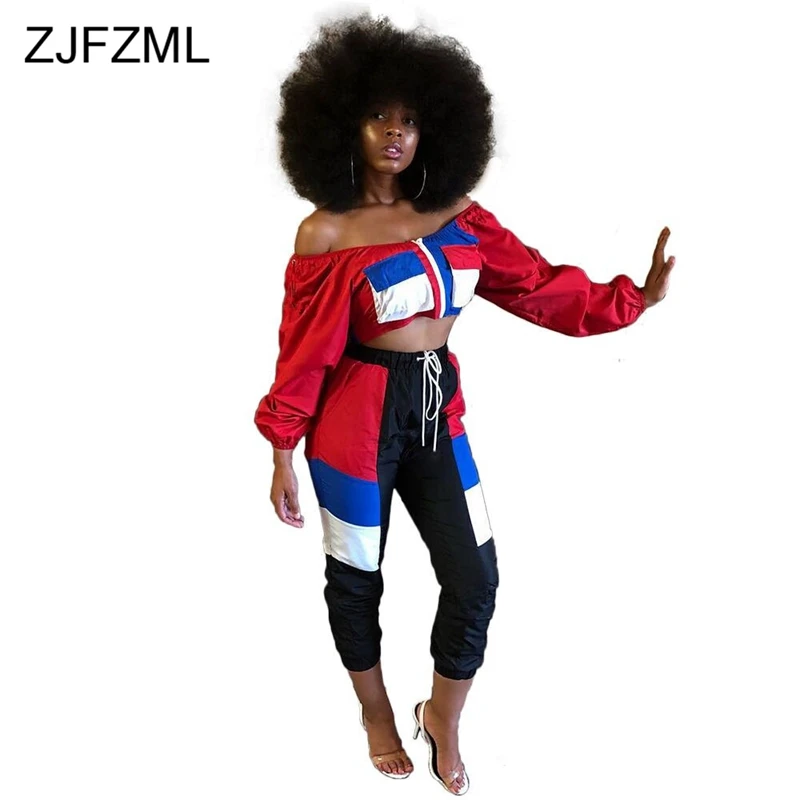 

ZJFZML Color Block Sexy 2 Piece Suit Women Slash Neck Full Sleeve Crop Top+Drawstring Mid-Claf Pant Casual Outfit Two Piece Sets