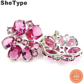 

20x20mm Luxury 5.6g Created Pink Tourmaline White CZ Gift For Sister 925 Silver Stud Earrings