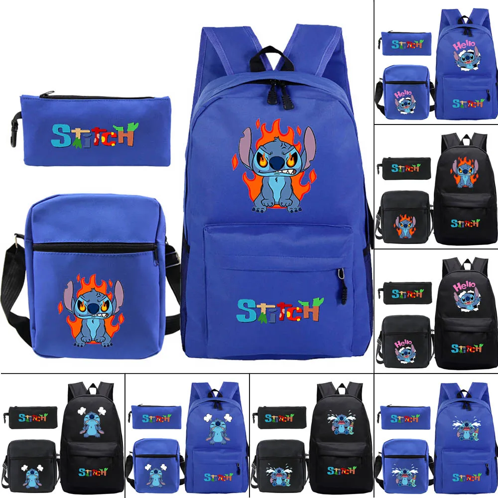 2021 New Stitch Angry Cartoon Print Elementary School Backpack Set Student Schoolbag+Shoulder Bag+Pencil Case Three-Piece Set