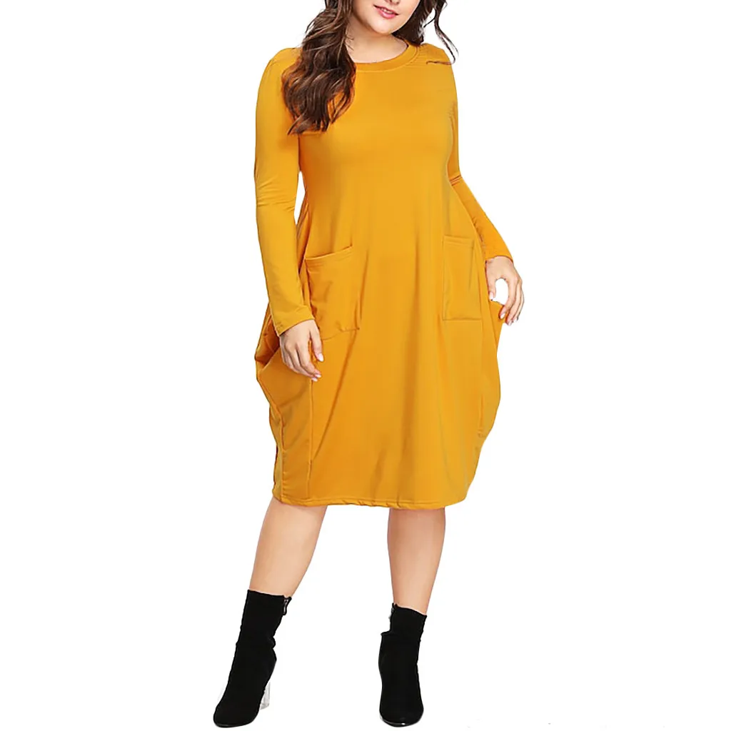 

2019 Spring&Summer Women Autumn Dress XL-5XLPlus Size Long Sleeve Solid O-Neck Pocket Fold MIdi Dress Vestido de gran tamaño#15