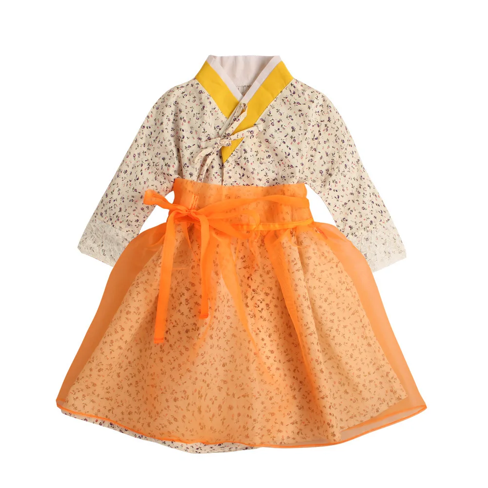 Korean Girls Traditional Hanbok Girls Dress Print Long-sleeved Kawaii Sweet Casual Dress Fashion Comfortable Loose Dress - Цвет: yellow