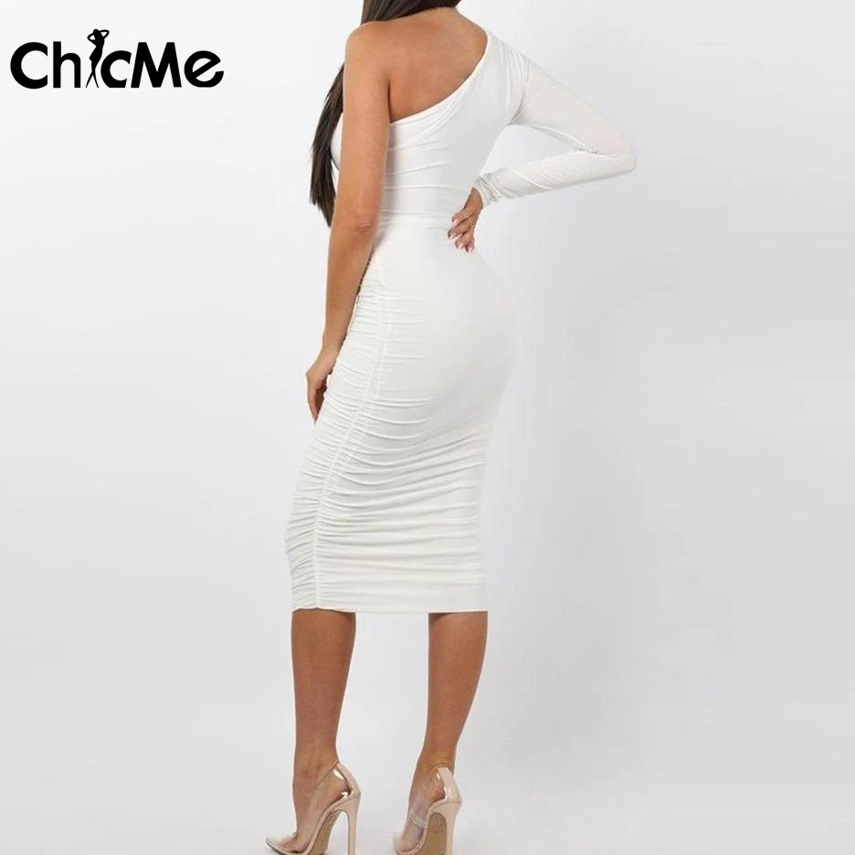 Chicme Fall 2021 Women Midi One Shoulder Ruched Design Bodycon Dress Femme  White Belted Long Sleeve Vestidos Sexy Elegant|Dresses| - AliExpress