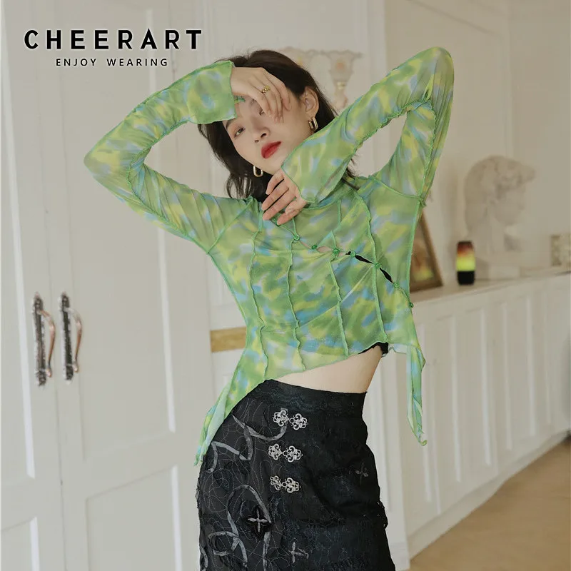 CHEERART Tie Dye Asymmetrical Mesh Top 