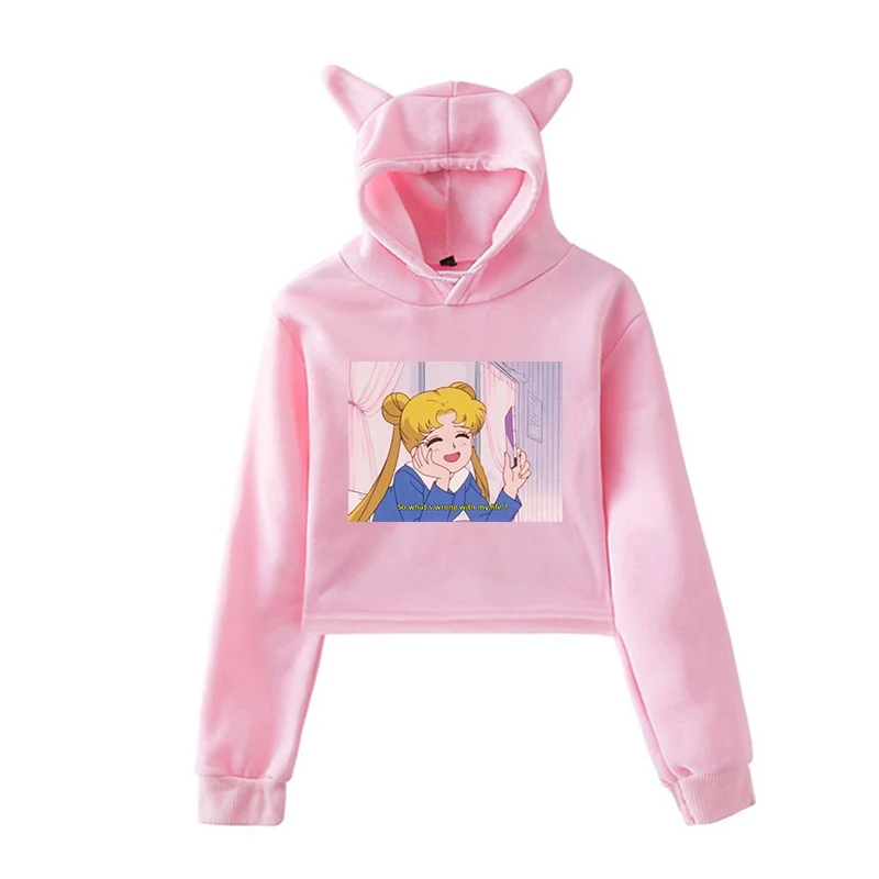Сейлор Мун с эстетическим принтом для женщин Harajuku Короткие толстовки осень Kawaii уличная Толстовка для девочек модный пуловер с капюшоном
