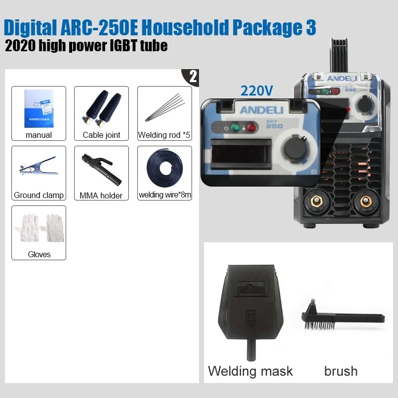 ANDELI ARC-250E 250A IGBT инвертор DC Booglassen машина MMA Lasser voor Lassen Werken en Elektrische Werken met аксессуары - Цвет: ARC250E package 3