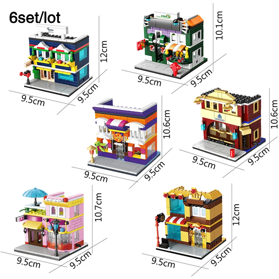 

6set/lot Mini City Street View Pizza,Sporting goods shop,Cosmetic store legoingly Street Building Blocks Brick Kids Toys Gift