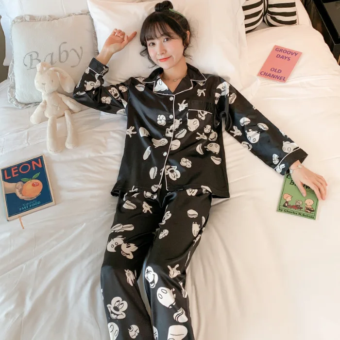 

Viscose Pajamas Women's Spring Thin Korean-style Cartoon Model Silk-Outer Wear Tracksuit Two-Piece Set