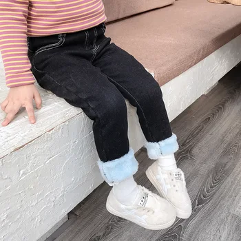 

Russian Baby Girls Denim Jeans 2020 Winter Kid Cotton Elastic Pants Leggings Fleece Thicken Warm Embroidered Jeans 5 6 7 8Years