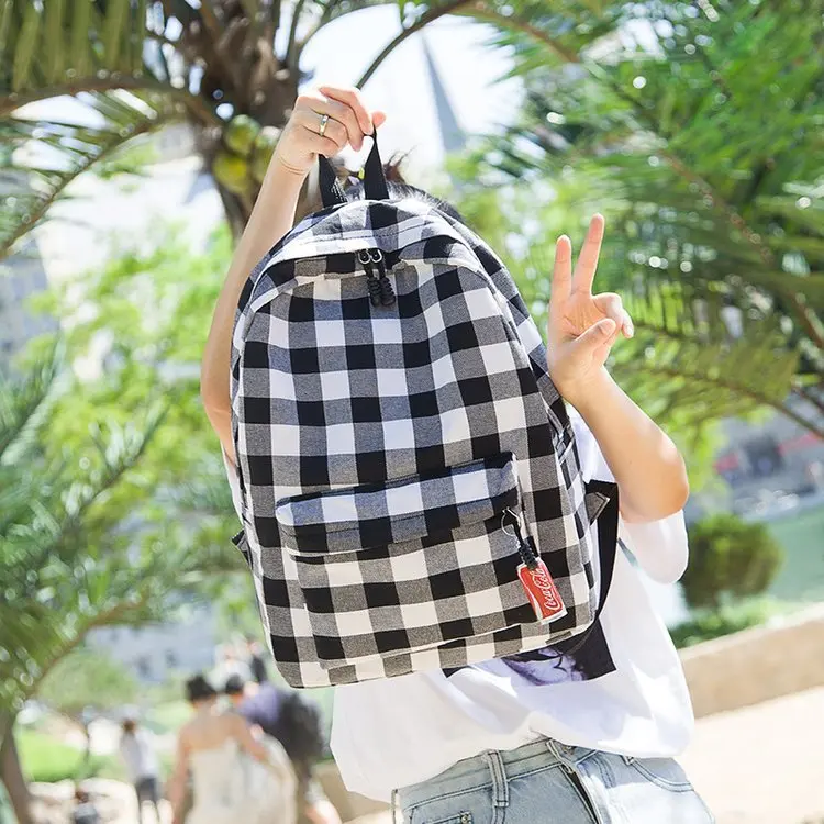 

Korean-style Plaid Printed Canvas Backpack Fashion Fan Children Schoolbag Wear-Resistant Backpack