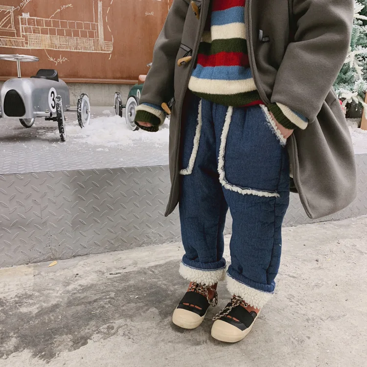 Tckids детская одежда настраиваемые 18 зимние ретро пушистые джинсы композитные овечья шерсть толстые прямые джинсы