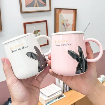 

Cartoon Cute Embossed Rabbit Ceramic Cup with Lid Spoon Milk Coffee Mugs Large Capacity Belly Porcelain Water Cups for Women Man