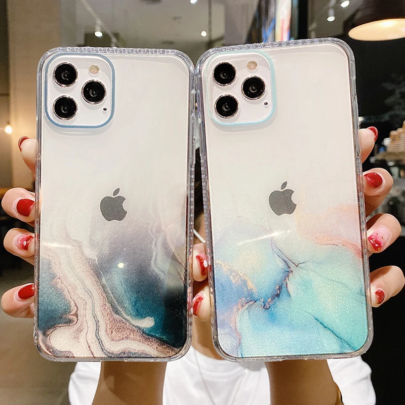 iphone 12 mini wallet case Glitter Watercolor Painting Marble Phone Case For iPhone 12 11 13 Pro XR X XS Max 7 8 Plus 11Pro Bumper Shockproof Clear Cover iphone 12 mini clear case