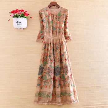 

High-end Summer Women Vintage Midi Dresses Embroidery Elegant Lady Slim A-line Party Embroidered Dress M-XXL