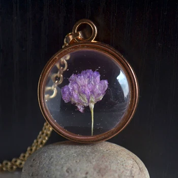 

Purple Blossom Babysbreath Real Flower Glass Gold Color Pendant Chain Long Necklace Women Boho Fashion Jewelry Bohemian