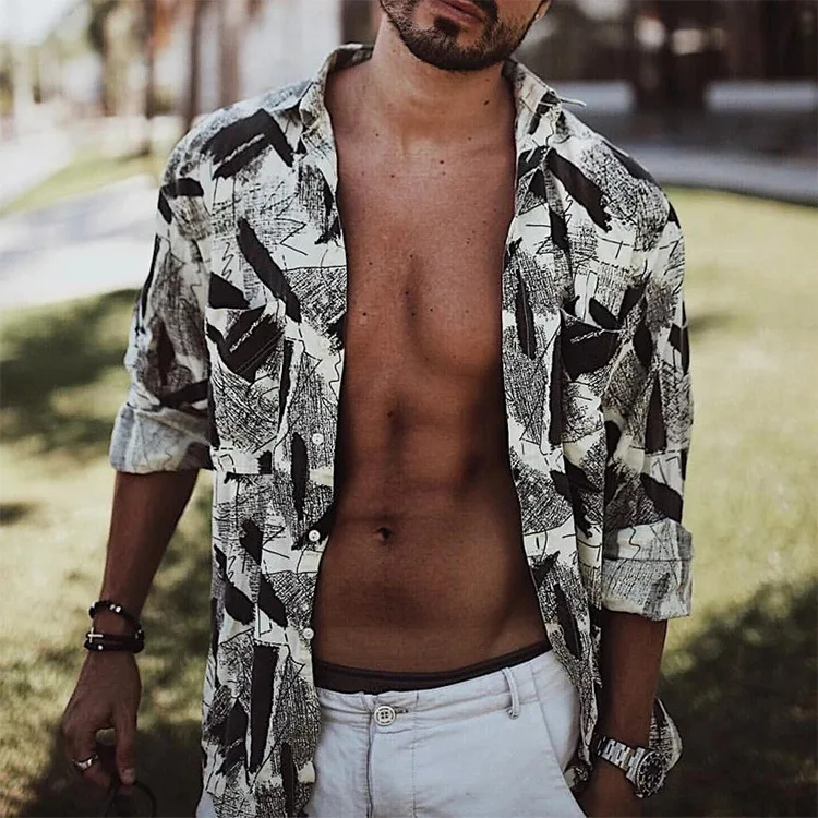 

2021 new spring and autumn men's shirts, European and American digital print leisure trend men's long-sleeved shirts